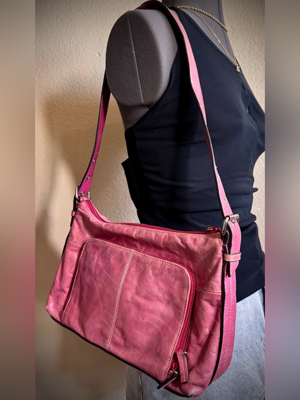 Vintage Pink Leather Shoulder Bag Purse